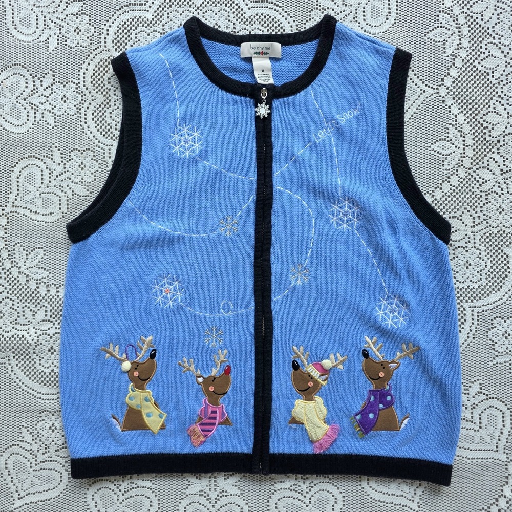 Bechamel Christmas Sweater Vest Size XL Blue Reindeer Snowflakes Zipper 90s VTG